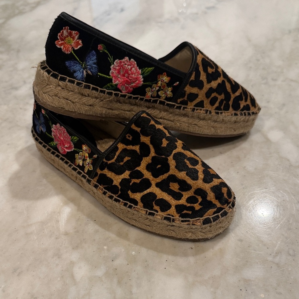 Leopard cowhide Espadrille Slip-On with Floral Embroidery - Brown/Black